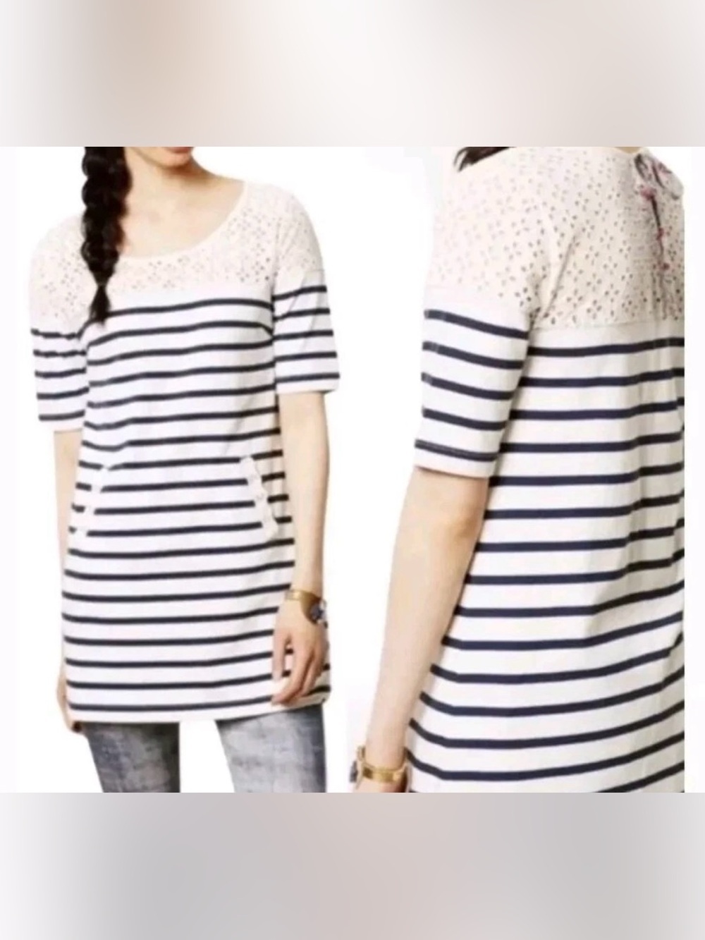 Anthropologie White and Navy Striped Pattern Short Sleeve T-Shirt Tunic - Size M